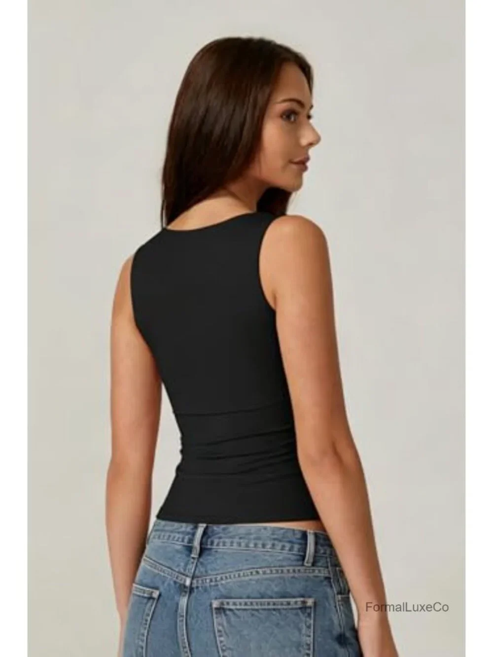 Womens Square Neck Sleeveless Double-Layer Tank Top Basic Tight Stretch Knit